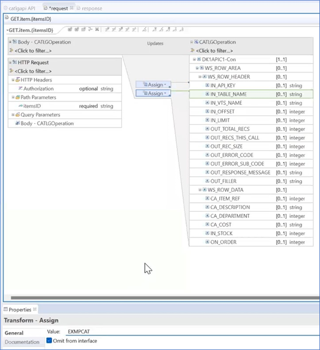 The copybook displays with IN_TABLE_NAME marked as assigned. EXMPCAT is the value in the Properties panel.