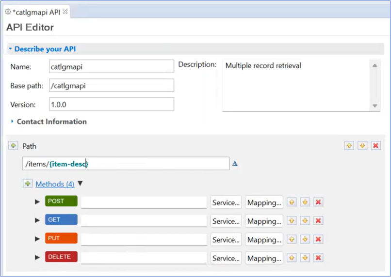 CATLGM API Editor displays the Path and the four methods, Post, Get, Put, and Delete