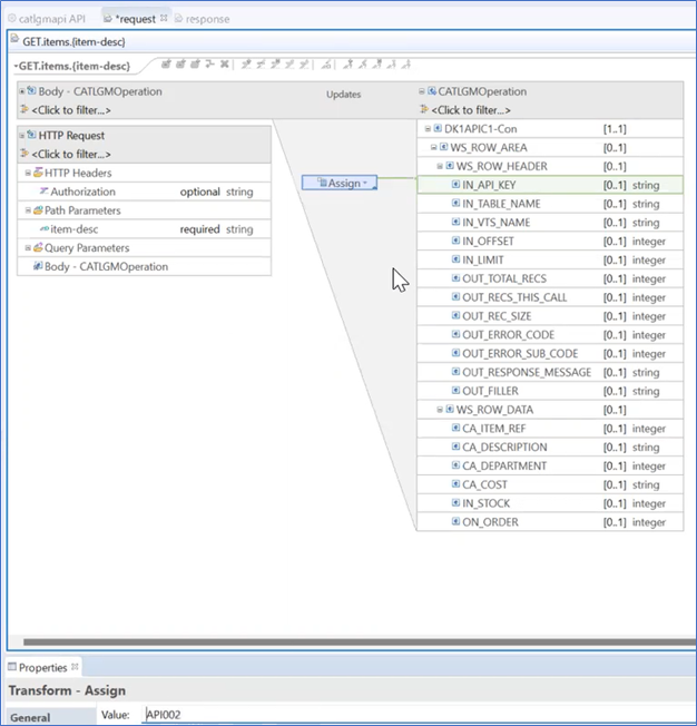 Assign IN_API_KEY displays the IN_API_KEY marked as assigned. The properties panel shows the Value API002.
