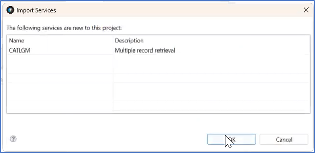 The Import Services window shows the CATLGM service and description. An arrow hovers over the OK button.