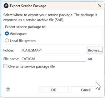 Completed Export Service Package displays /CATLGMAPI as the Folder