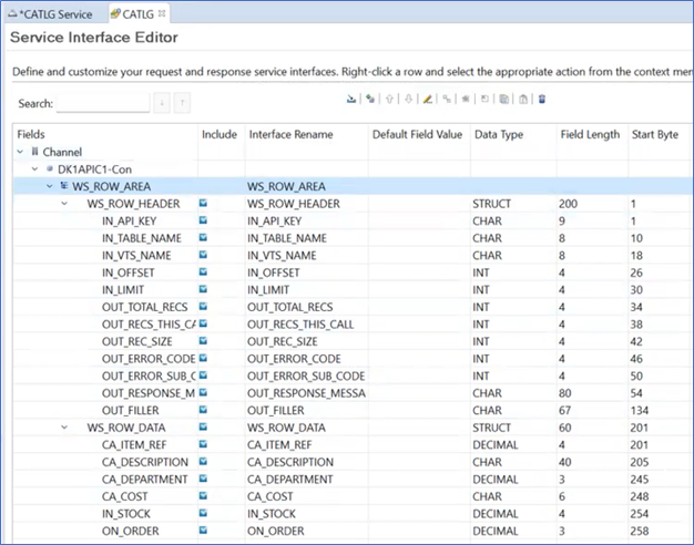 DK1APIC1-Con expanded shows the entire copybook. The WS_ROW_HEADER shows the fields specific to the API and the WS_ROW_DATA shows the related table.