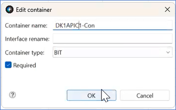 Edit Container Window displays the Container name is changed to DK1APIC1-Con. An arrow hovers over the OK button.