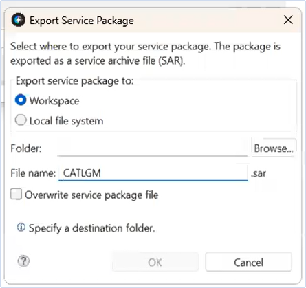 Export Service Package window list CATLGM.sar with an empty Folder name