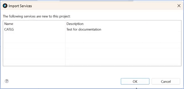 Import Services window displays the CATLG and description.