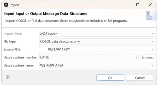 Import Window populated shows the Data structure member in the source PDS. The data structure name is associated with the WS_ROW_AREA.