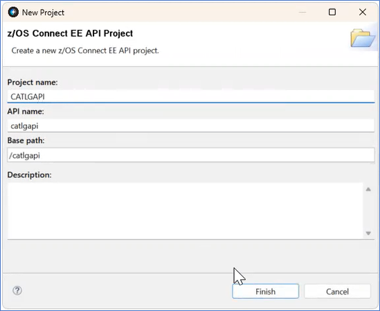 New API Project window displays the Project Name, the API Name, and the Base path. An arrow hovers over the Finish Button