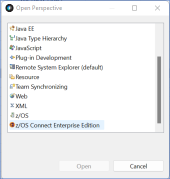 Open Perspective Window that shows a list of different perspectives