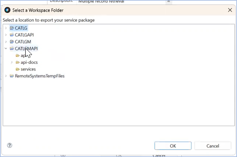 Select Workspace Folder Window displays a list of APIs. CATLGMAPI is selected. An arrow hovers over CATLGMAPI.