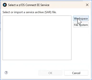 Select zOS Connect EE Service window. An arrow hovers over the Workspace button.