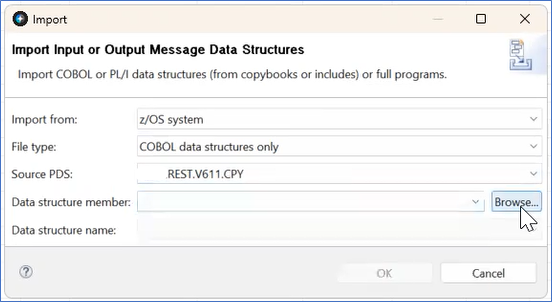 The Source PDS is shown as an import from z/OS System and a COBOL data structures with the Source PDS listed.