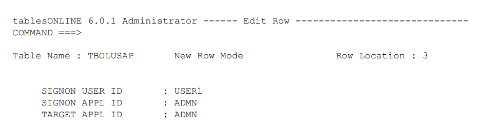 Edit User/Application Relationship table—Edit Row