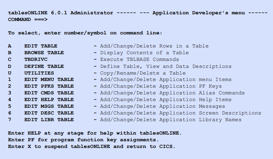 Application Developer’s menu