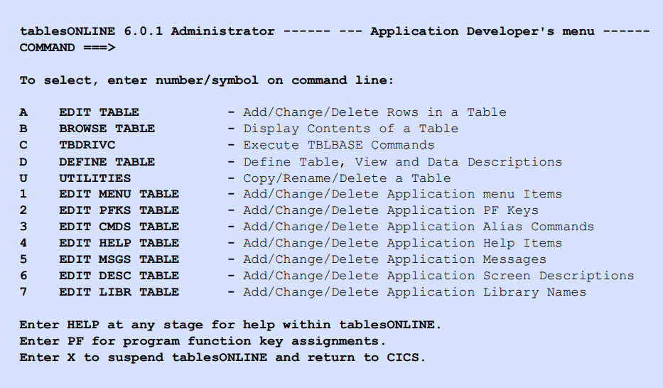 Application Developer's menu