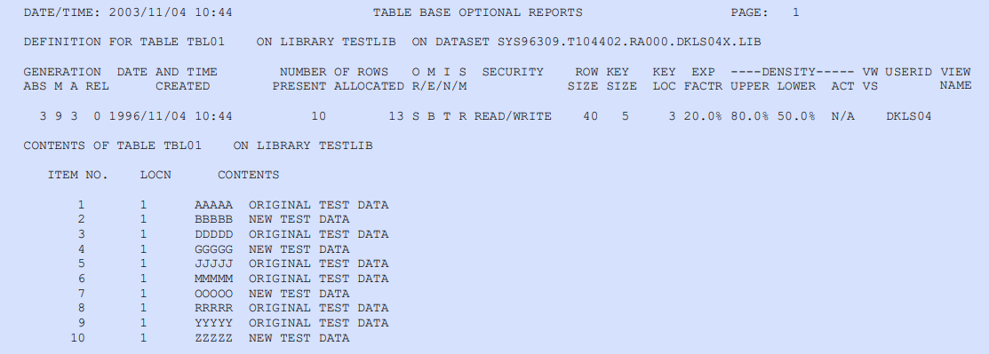 Sample tableBASE table contents report