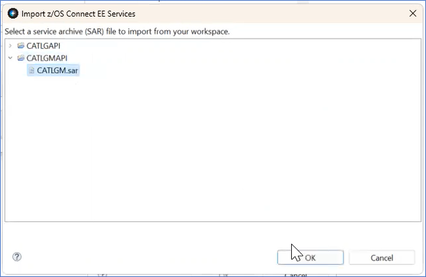 import z/OS Connect EE Services Window. CATLGM.sar is selected. An arrow hovers over the OK button.