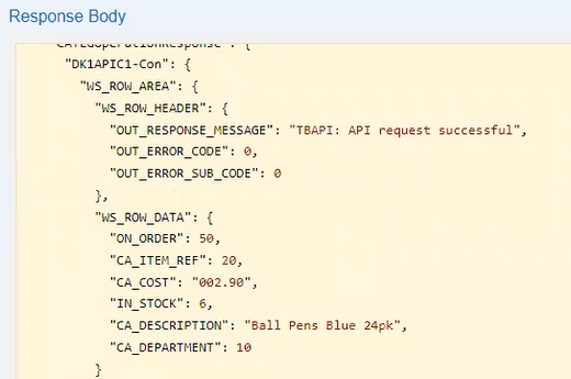 The OUT_RESPONSE_MESSAGE reads "TBAPI: API request successful". The data for all the fields mapped is populated with the information for CA_ITEM_REF 20.
