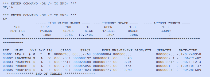 Batch output showing LT command results with SP command